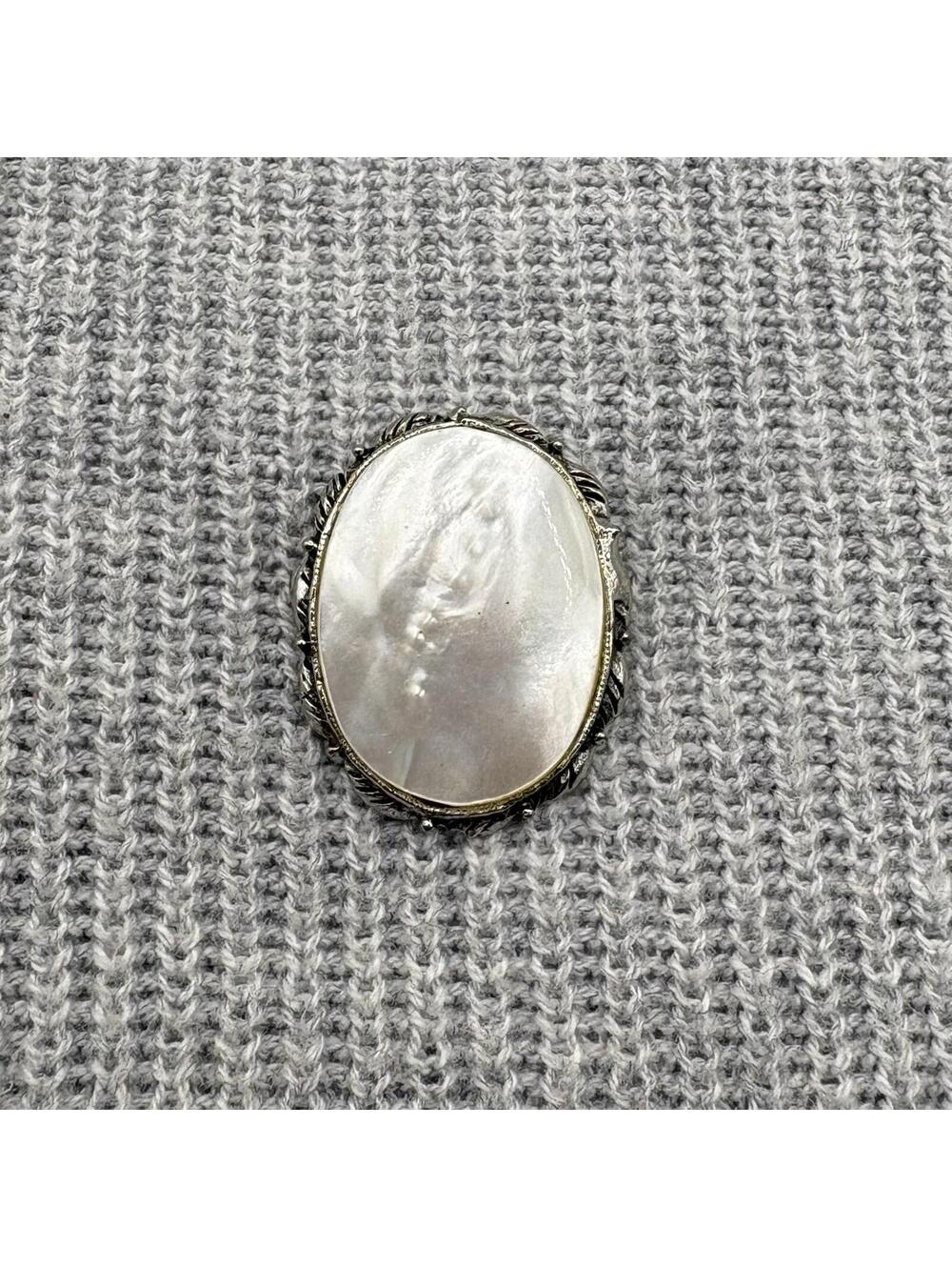 Vintage Mother of Pearl Oval Brooch Silver Tone Frame Statement Pin